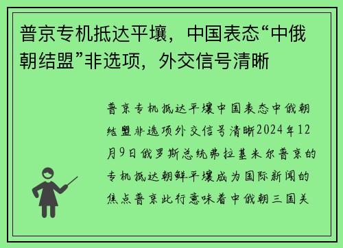 普京专机抵达平壤，中国表态“中俄朝结盟”非选项，外交信号清晰