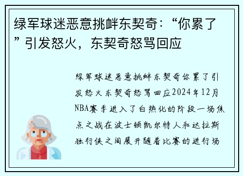 绿军球迷恶意挑衅东契奇：“你累了” 引发怒火，东契奇怒骂回应